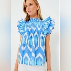 Oliphant Blue and White Ruffle Sleeve Blouse XL